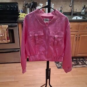 Almost Famous Hot Pink Cropped Bomber Jacket with Buckle Pocket Accents